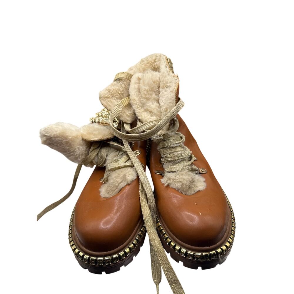 Alexis Bendel Brown Faux Leather‎ Faux Fur Trim Lace Up Boots Women's 8